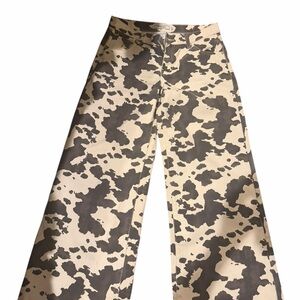Wide Leg Cow Print Jeans in Beige and Brown